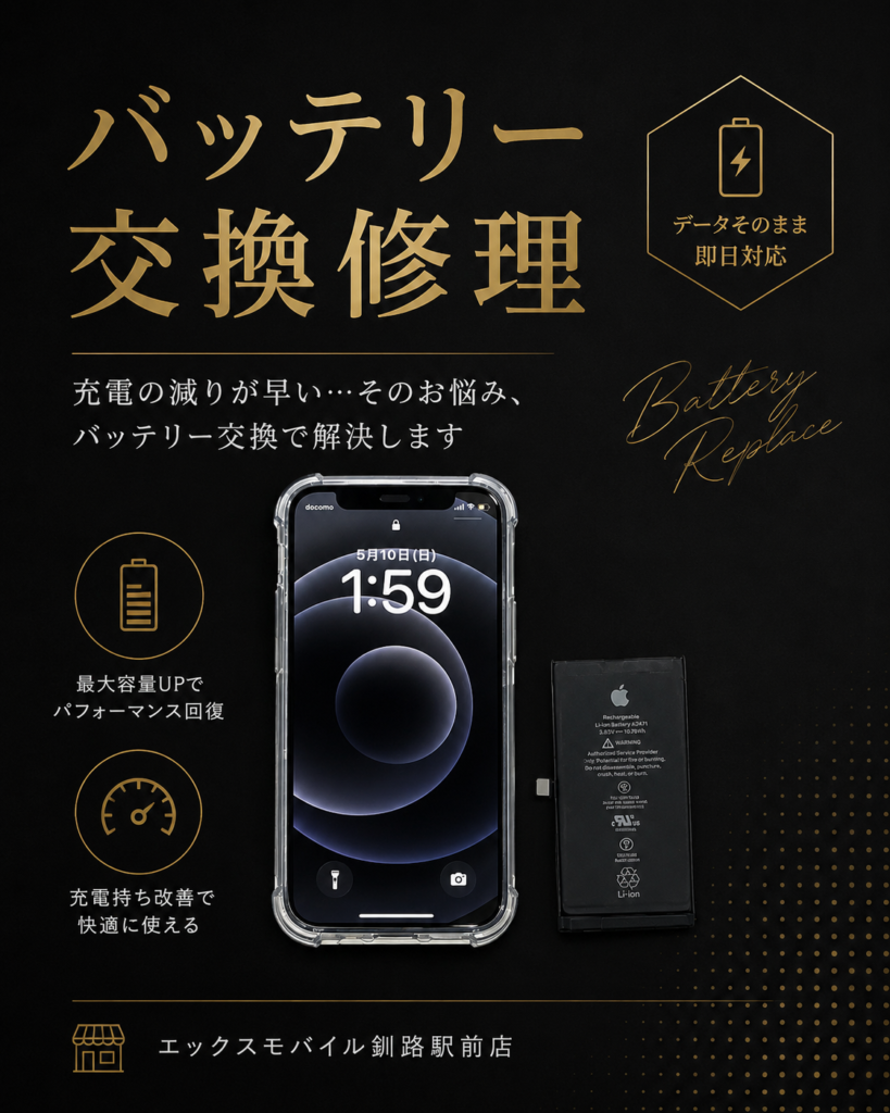 iPhone12 mini のバッテリー交換修理後の端末写真。