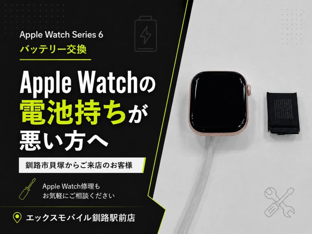 Apple Watch Series 6のバッテリー交換修理画像。Apple Watch本体と取り外したバッテリーを並べた修理紹介画像。