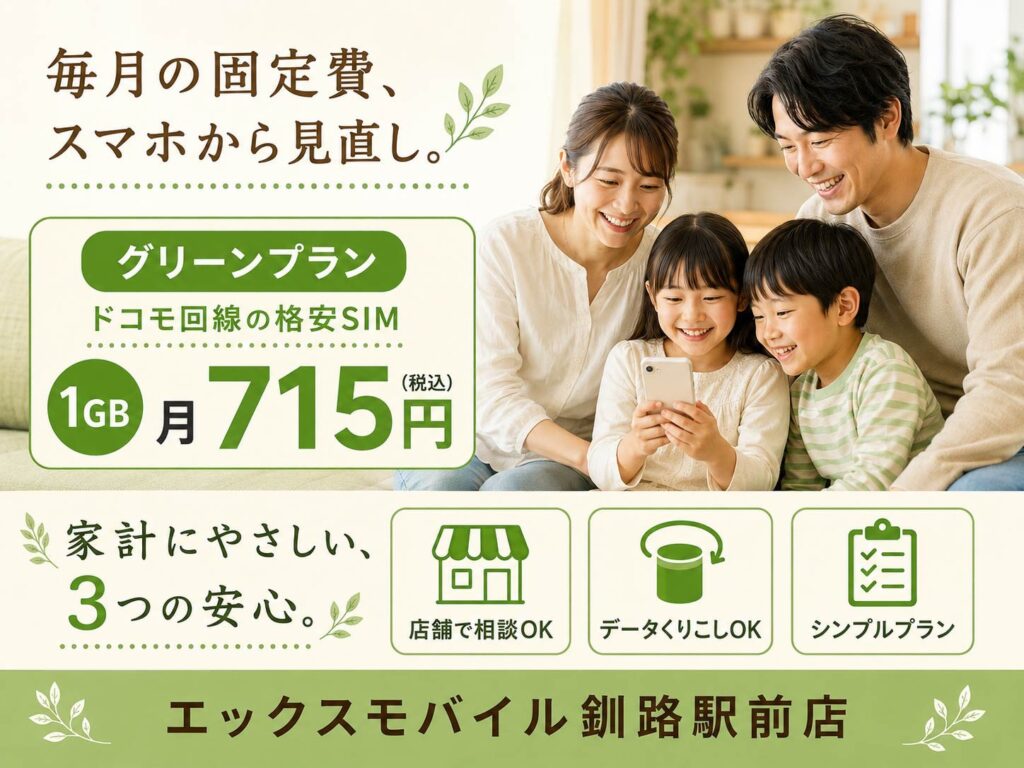 エックスモバイルの格安SIM「グリーンプラン」を紹介している画像。
