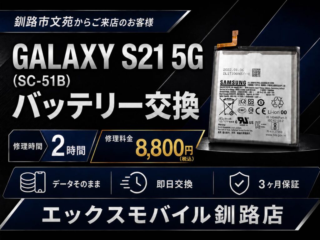 釧路市文苑からご来店のお客様よりご依頼いただいたGalaxy S21 5G(SC-51B)のバッテリー交換案内画像。エックスモバイル釧路店で8,800円税込、約2時間、データそのまま・即日交換・3ヶ月保証付きで対応。