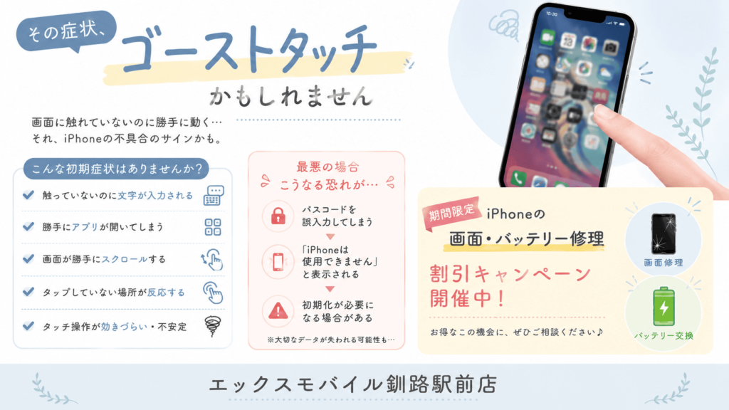 iPhoneのゴーストタッチ症状と修理キャンペーンを案内する画像