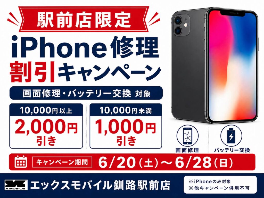 エックスモバイル釧路駅前店限定のiPhone修理割引キャンペーン。画面修理とバッテリー交換が対象で、10,000円以上は2,000円引き、10,000円未満は1,000円引き。