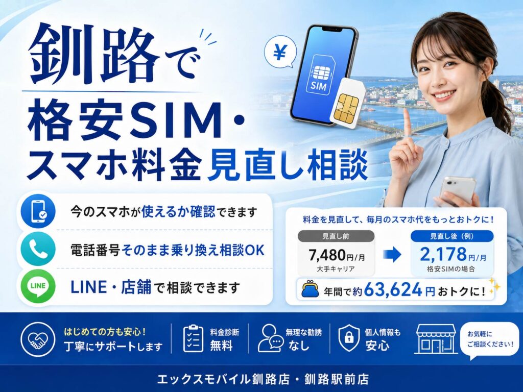 釧路で格安SIMやスマホ料金の見直し相談ができるエックスモバイル釧路店・釧路駅前店の案内画像