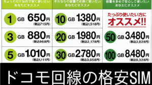 ドコモ回線の格安SIM料金プラン一覧。1GB715円（税込）から100GB9328円（税込）まで選べるエックスモバイルの格安SIM。