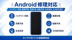 Android修理対応の案内画像。画面交換、バッテリー交換、充電不良、起動不良、水没洗浄などの修理内容を掲載。