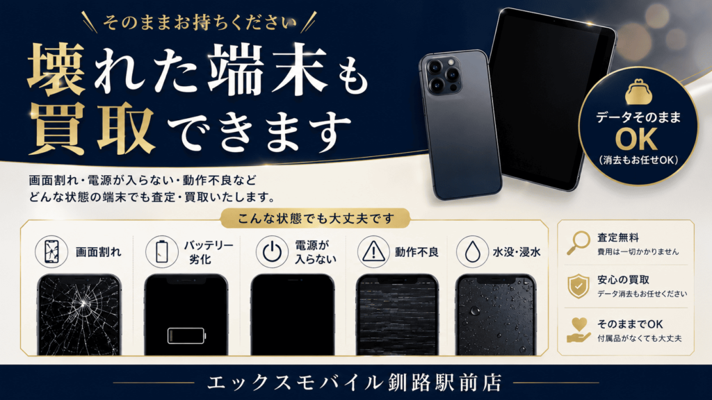 壊れたスマホやタブレットの買取案内バナー