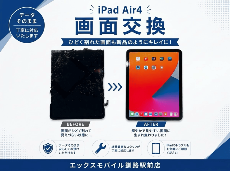 iPad Air4の割れた画面と交換後のきれいな画面を比較した修理事例