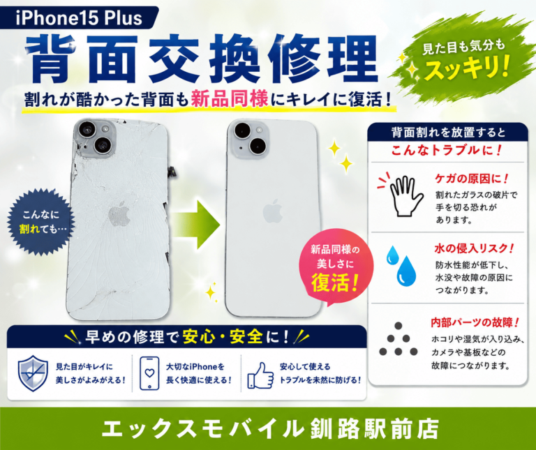 iPhone15 Plusの背面交換修理事例。大きく割れた背面ガラスを新品同様の状態へ交換したビフォーアフター画像。