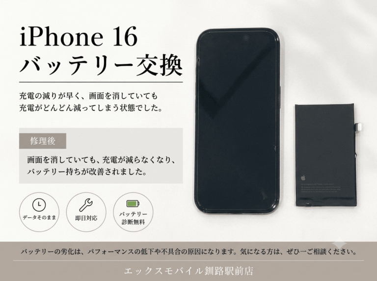 iPhone16のバッテリー交換後の本体と取り外したバッテリー