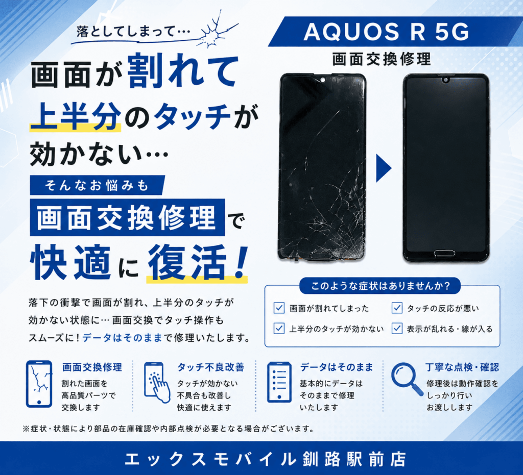 AQUOS R 5Gの画面交換修理で画面割れと上半分のタッチ不良を改善した事例