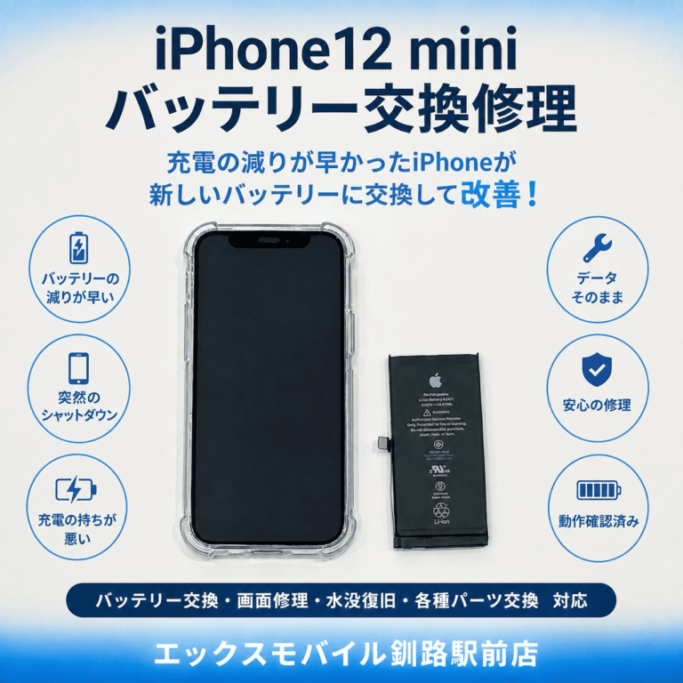 iPhone12 miniのバッテリー交換修理後の端末と取り外したバッテリー