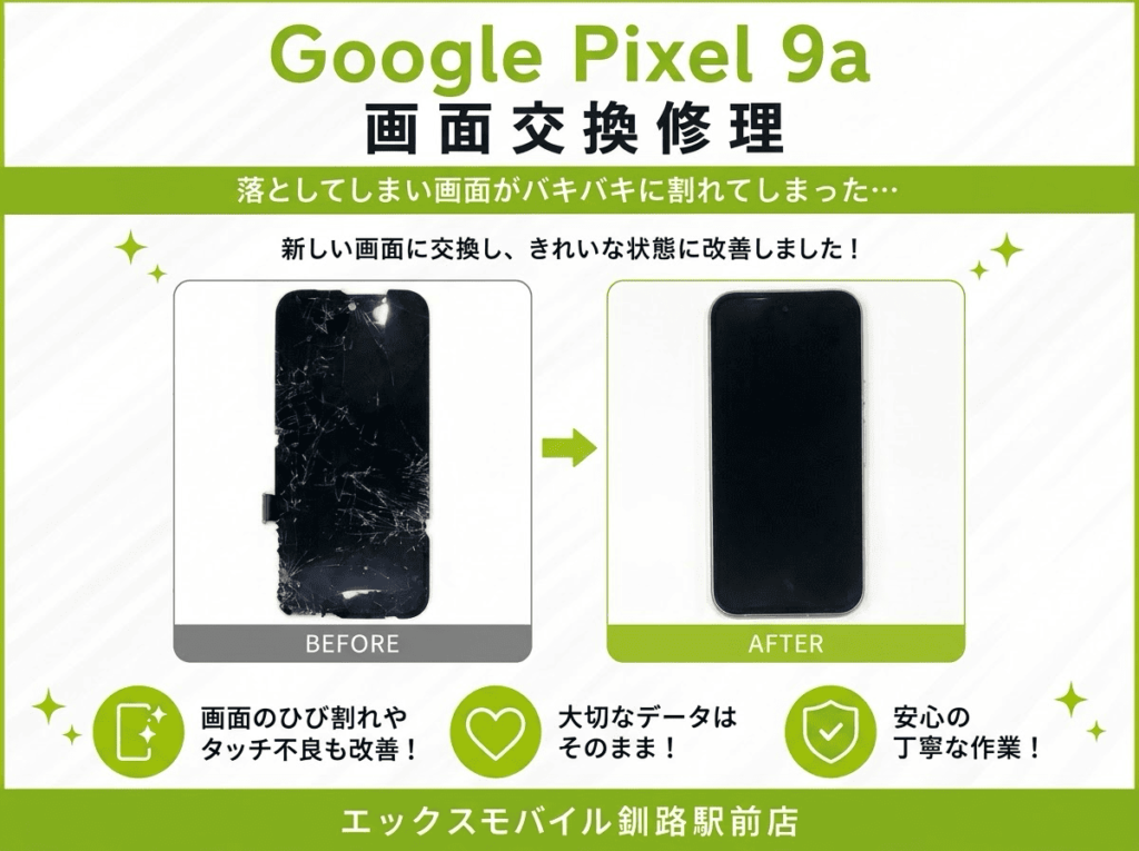 Google Pixel 9aの画面交換修理。落下で割れた画面を新しい画面に交換