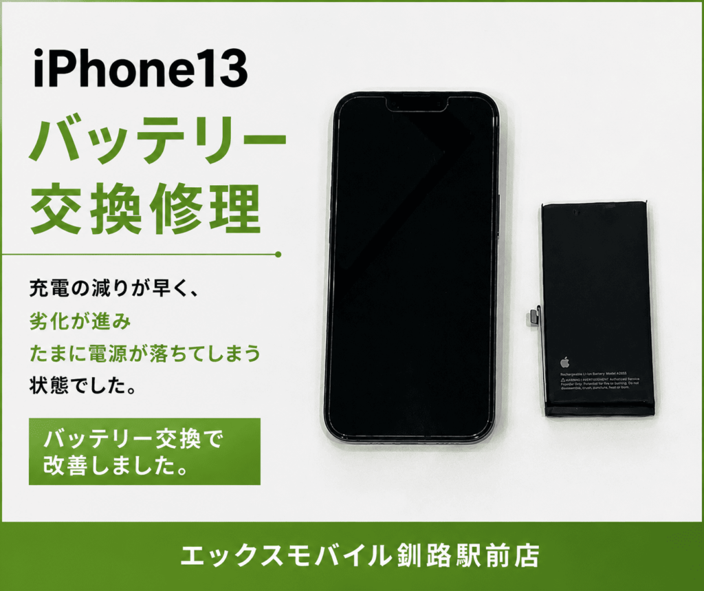 iPhone13のバッテリー交換修理を行った際の端末と取り外したバッテリー